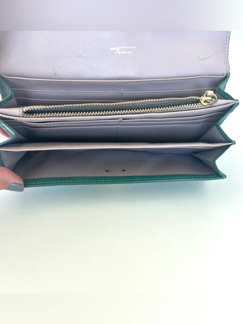 TUMI Sage Shimmer Green Leather Flap Closure Dual Compartment Spacious Wallet